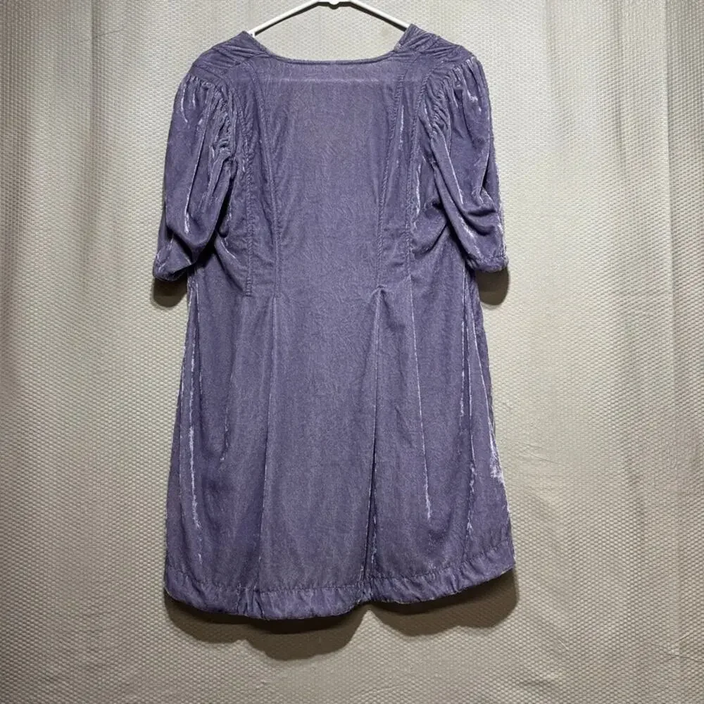Free People Crushed Velvet Babydoll Tunic Top Purple Lavender Puff Sleeve Size M